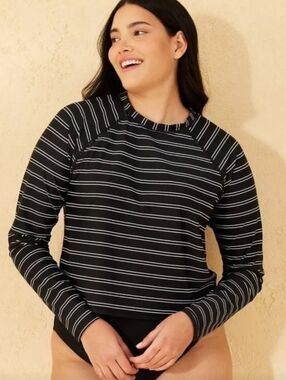 Shade & Shore Black and White Striped Long-Sleeve Swim Top